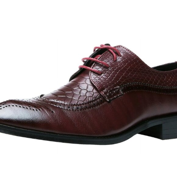 Santimon Men's US 7 - 11 Red Derby Crocodile Pattern Pointed Toe Brogue Shoes - Picture 4 of 12